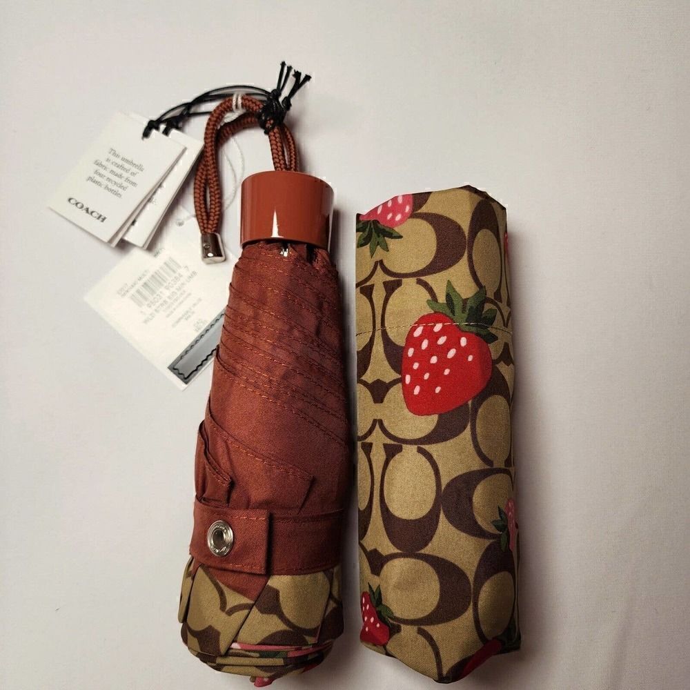 NWT Coach Mini Umbrella in Wild Strawberry Print Gold Khaki Multi